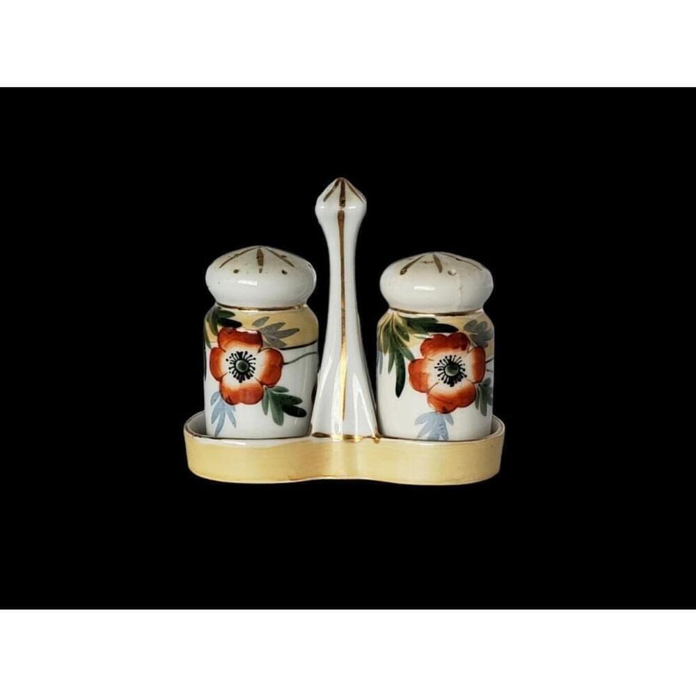 Beautiful Vintage Hand Painted Porcelain Japan Salt & Pepper with Stand